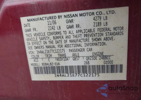 2007 Nissan Altima 2.5 S из США, поврежденный, VIN 1N4AL21E77C122175